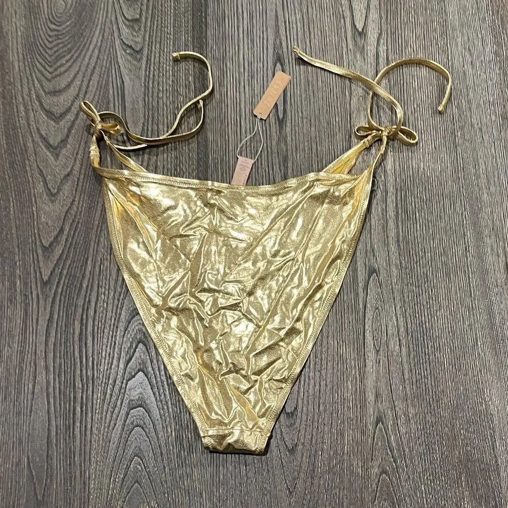 NWT SKIMS Metallic Swim Skimpy Triangle Bottom Side Tie Swimwear Gold Size 3X
